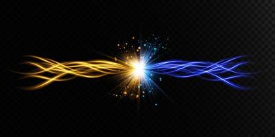 Abstract light lines of movement and speed in blue and gold. Light everyday glowing effect. semicircular wave, light trail curve swirl vector