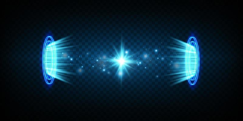 Magic portals on the night scene. Blue round holograms with rays of light and sparkles. Glowing futuristic teleport tunnel with copy space