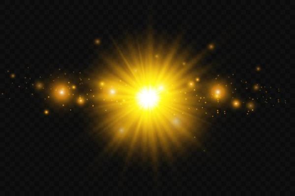 Golden star, on transparent background. The effect of glow and rays of light, glowing lights, sun.
