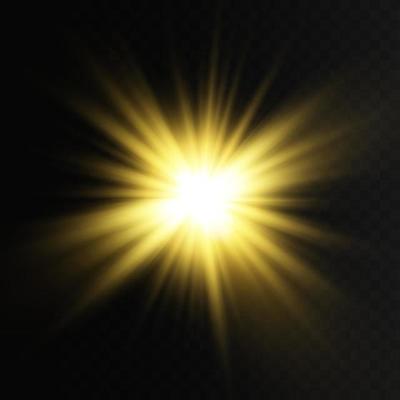 Golden star, on a transparent background, the effect of glow and rays of light, glowing lights, sun.