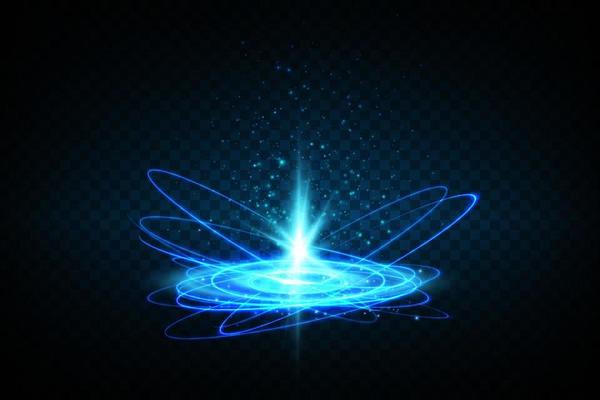 Magic portals on the night scene. Blue round holograms with rays of light and sparkles. Glowing futuristic teleport tunnel with copy space