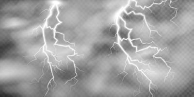 Set of lightning magical and bright light effect. Thunderstorm with lightning and clouds. Vector illustration. Discharge electrical current. Charge current. natural phenomena.