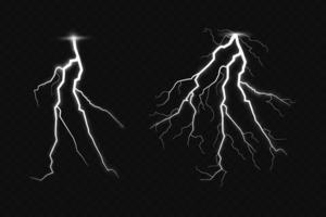 conjunto de relámpago mágico y brillante ligero efecto. tormenta con relámpago y nubes vector ilustración. descarga eléctrico actual. cargar actual. natural fenómenos.