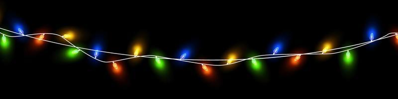 Christmas lights. Colorful Christmas garlands. Vector red, yellow, blue and green glow light bulbs on wires isolated.