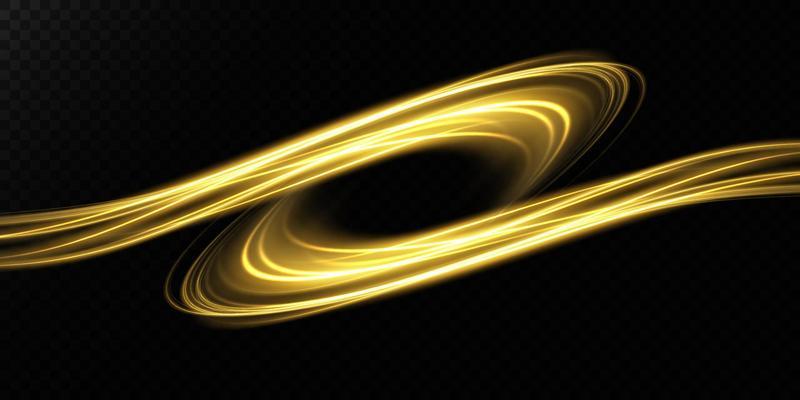 Magic sparks on a dark background. Mystical Golden speed stripes, glitter effect. Shine of cosmic rays. Neon lines of speed and fast wind. Glow effect, powerful energy.