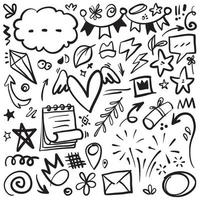 Hand drawn set elements, Abstract arrows, ribbons, hearts, stars, crowns and other elements in a hand drawn style for concept designs. Scribble illustration. Vector illustration.