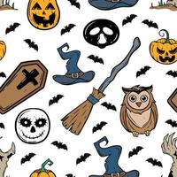 seamless pattern of halloween doodle icons on white background vector