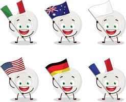 plato enojado expresión dibujos animados personaje traer el banderas de varios países vector