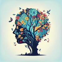 Human brain tree with flowers and butterflies, concept of self care, mind, ideas, creativity - AI generated image photo