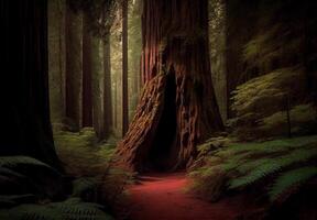 Dense forest in California, many sequoias - image photo