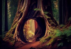 Dense forest in California, many sequoias - image photo