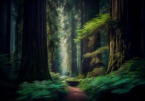 Dense forest in California, many sequoias - image photo