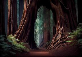 Dense forest in California, many sequoias - image photo