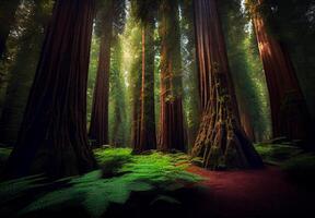 Dense forest in California, many sequoias - image photo
