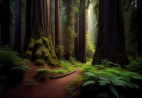 Dense forest in California, many sequoias - image photo