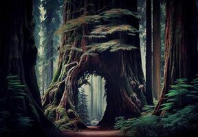 Dense forest in California, many sequoias - image photo