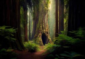 denso bosque en California, muchos secuoyas - ai generado imagen foto