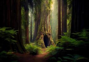 Dense forest in California, many sequoias - image photo