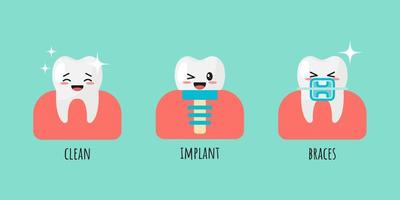 conjunto de dientes en diferente estados kawaii caras. vector ilustración.