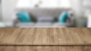 realista madera mesa, madera tablero parte superior frente ver 3d hacer con un borroso antecedentes foto