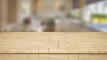 realista madera mesa, madera tablero parte superior frente ver 3d hacer con un borroso antecedentes foto