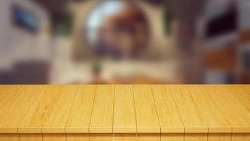 Realistic Wood Table top front view 3d render with a blurred background photo