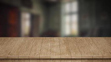 Realistic Wood Table top front view 3d render with a blurred background photo