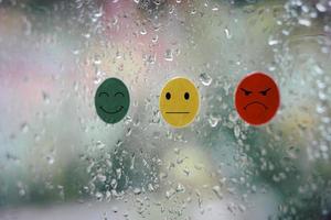 Customer Experience dissatisfied Concept, Unhappy Businessman Client with Sadness Emotion Face on virtual screen, Bad review, bad service dislike bad quality, low rating, social media not good. photo