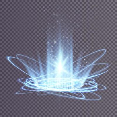Magic portals on the night scene. Blue round holograms with rays of light and sparkles. Glowing futuristic teleport tunnel with copy space