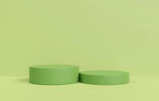 Podium 3D on green backdrop.Product display presentation.Abstract scene background.Realistic circle stand.Pedestal product on Minimal scene.Geometric platform show cosmetic product.3D rendering photo
