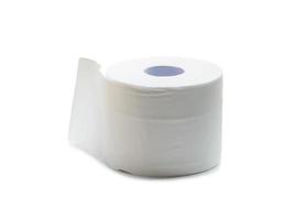 Close up photo of single roll of white tissue paper or napkin prepared for use in toilet or restroom isolated on white background with clipping path