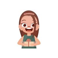 Happy girl holding a gift. Drawing in a flat style. Vector illustration.
