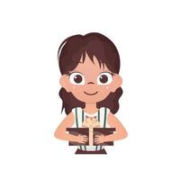 Satisfied girl holding a gift. Drawing in a flat style. Vector illustration.