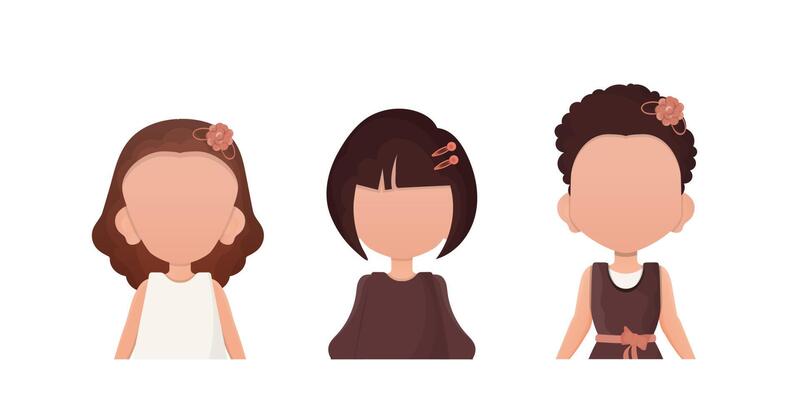 A set of little girls is depicted waist high. Isolated on white background. illustration.