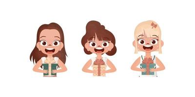 Set of happy baby girls who are holding a gift in their hands. Drawing in cartoon style. Vector illustration.