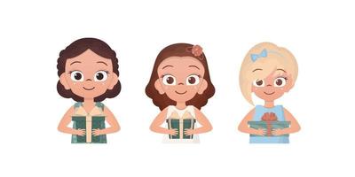 Set of joyful girls who are holding a gift. Drawing in cartoon style. Vector. vector