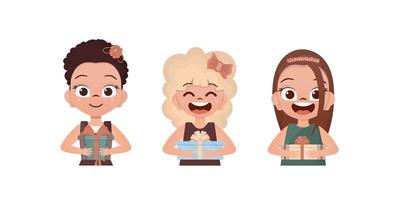 Set of happy baby girls who are holding a gift in their hands. Drawing in cartoon style. Vector illustration.