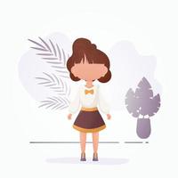 Cute girl in flat style. Poster with a teenage girl who is depicted in full growth. Vector illustration.