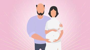 Pregnant woman with her husband. Banner on the theme of couple jet baby. Positive and conscious pregnancy. Vector illustration.