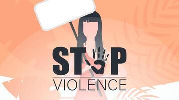 Stop violence. A woman holds a banner in her hands. A strong woman protesting against violence. Vector illustration.