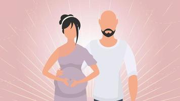 Pregnant woman with her husband. Banner on the theme Young family is waiting for the birth of a child. Happy pregnancy. Vector illustration.