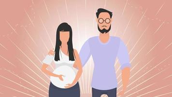 Pregnant woman with her husband. Banner on the theme of couple jet baby. Positive and conscious pregnancy. Vector in cartoon style.