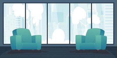 A room with upholstered furniture and a large panoramic window. Vector in cartoon style.