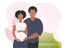 un hombre abrazos un embarazada mujer. póster en el tema joven familia es esperando para el nacimiento de un niño. positivo y consciente el embarazo. vector ilustración en un plano estilo.