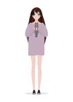 A cute girl is holding a gray cat in her arms. Cartoon style. Isolated. . vector