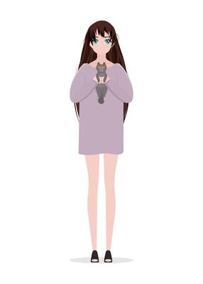 A cute girl is holding a gray cat in her arms. Cartoon style. Isolated. .
