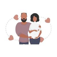 un embarazada mujer con su marido hasta la cintura. aislado en blanco antecedentes. contento el embarazo concepto. linda ilustración en plano estilo. vector