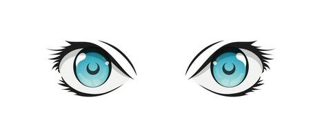 Happy anime style big blue eyes with sparkles. Hand drawn vector illustration. Isolated on white background.