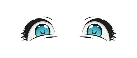 Happy anime style big blue eyes with sparkles. Hand drawn vector illustration. Isolated on white background.