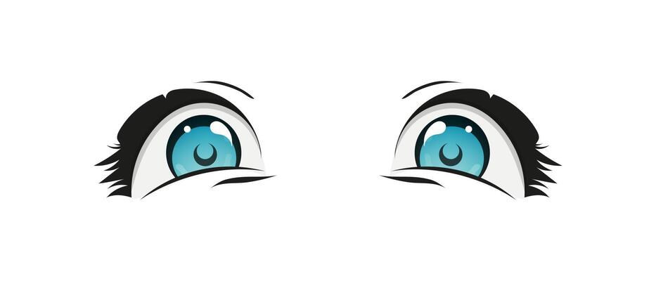Happy anime style big blue eyes with sparkles. Hand drawn illustration. Isolated on white background.